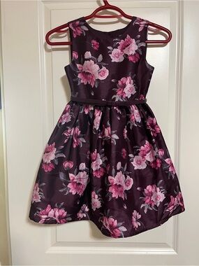 George Dark Plum Floral Fit-and-Flare Dress with Pink Blooms